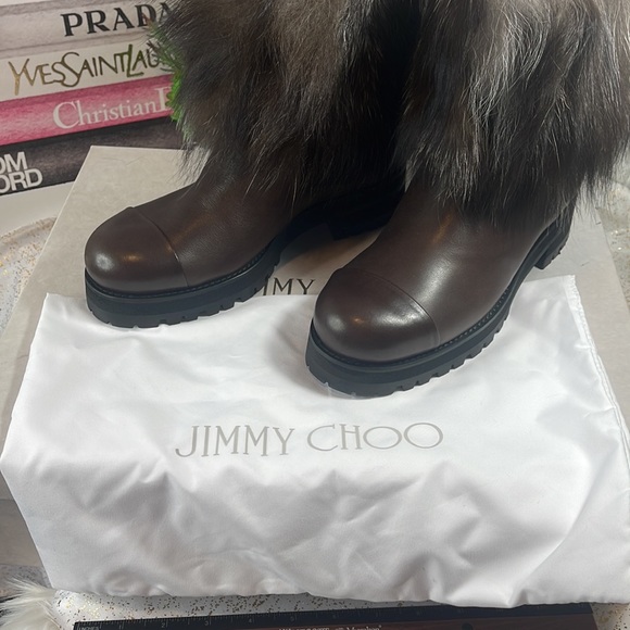 NIB $1495 Jimmy Choo dana cuffed boots rabbit fur trim brown - Picture 15 of 16